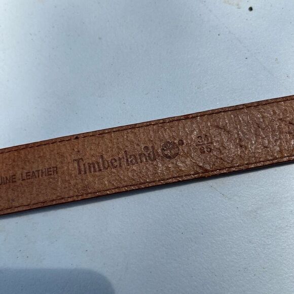 Timberland Tan Leather Belt Sz 34/85 Logo Buckle Contrast Stitching Unisex - Picture 6 of 9